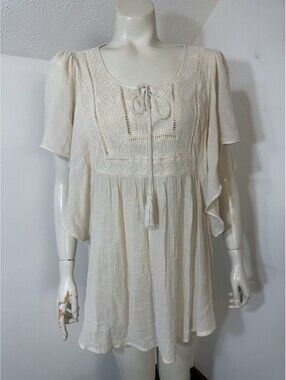 Wallpapher Womens XL Ivory Crinkle Peasant Top Shortsleeved Batwing Lace Trim